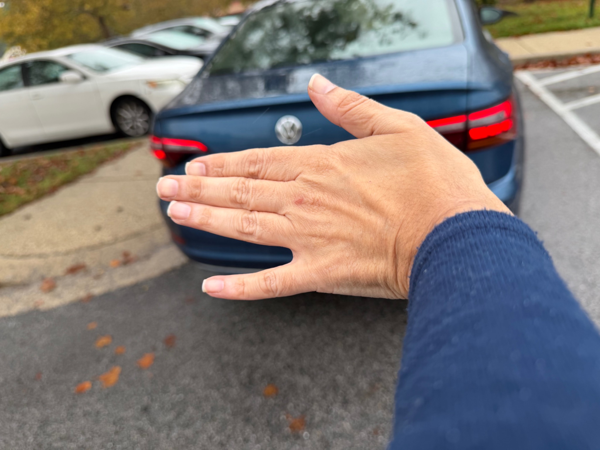 Another blue Volkswagen seen from behind, with a hand in the foreground